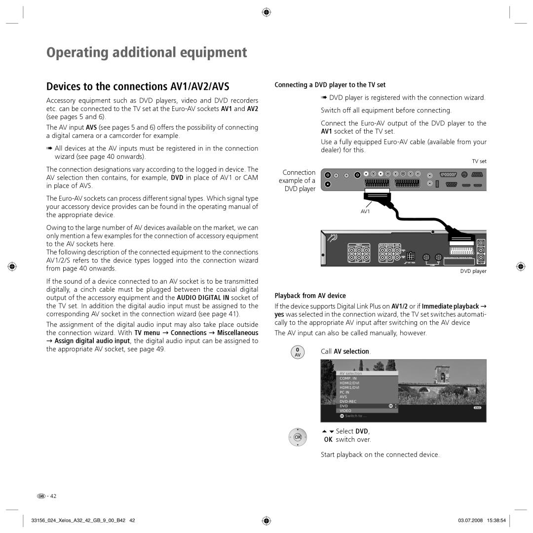 Loewe A 37 Full-HD+ 100, A 37 HD+ 100 manual Connecting a DVD player to the TV set, Playback from AV device 