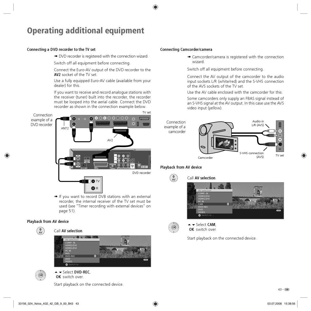 Loewe A 37 HD+ 100, A 37 Full-HD+ 100 manual Connecting a DVD recorder to the TV set, Connecting Camcorder/camera 