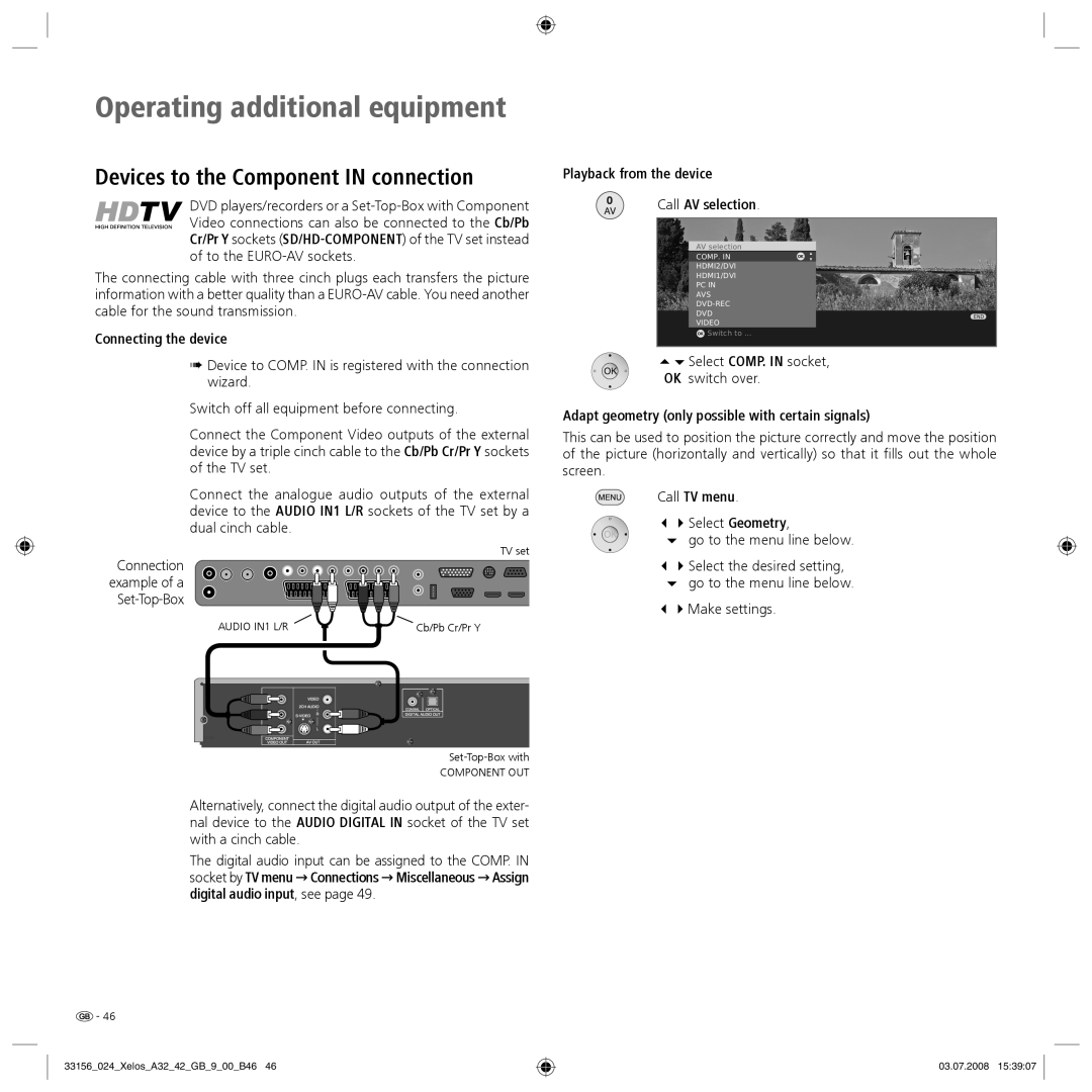 Loewe A 37 HD+ 100, A 37 Full-HD+ 100 manual Devices to the Component in connection, Select COMP. in socket OK switch over 