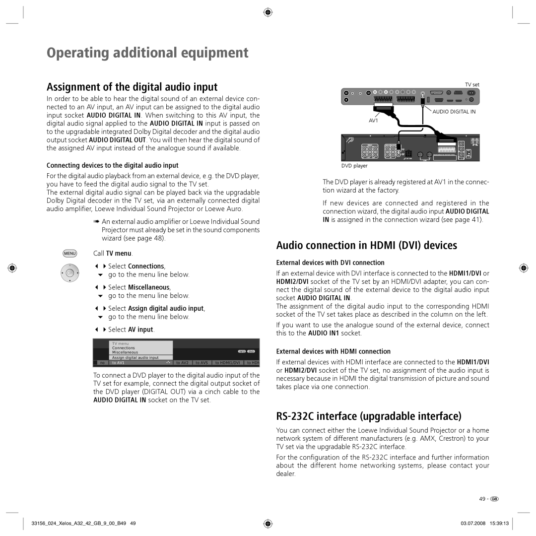 Loewe A 37 HD+ 100, A 37 Full-HD+ 100 manual Assignment of the digital audio input, Audio connection in Hdmi DVI devices 