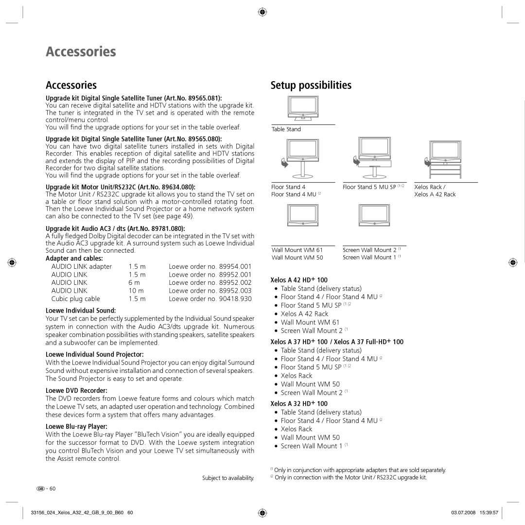 Loewe A 37 Full-HD+ 100, A 37 HD+ 100 manual Accessories, Setup possibilities 