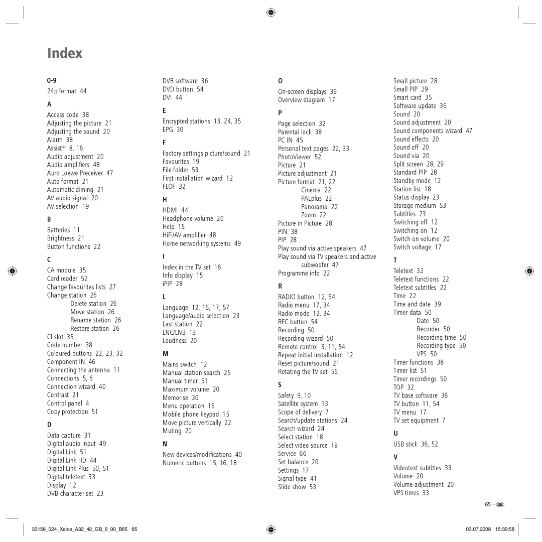 Loewe A 42 HD+ 100, A 37 Full-HD+ 100, A 37 HD+ 100, A 32 HD+ 100 manual Index 