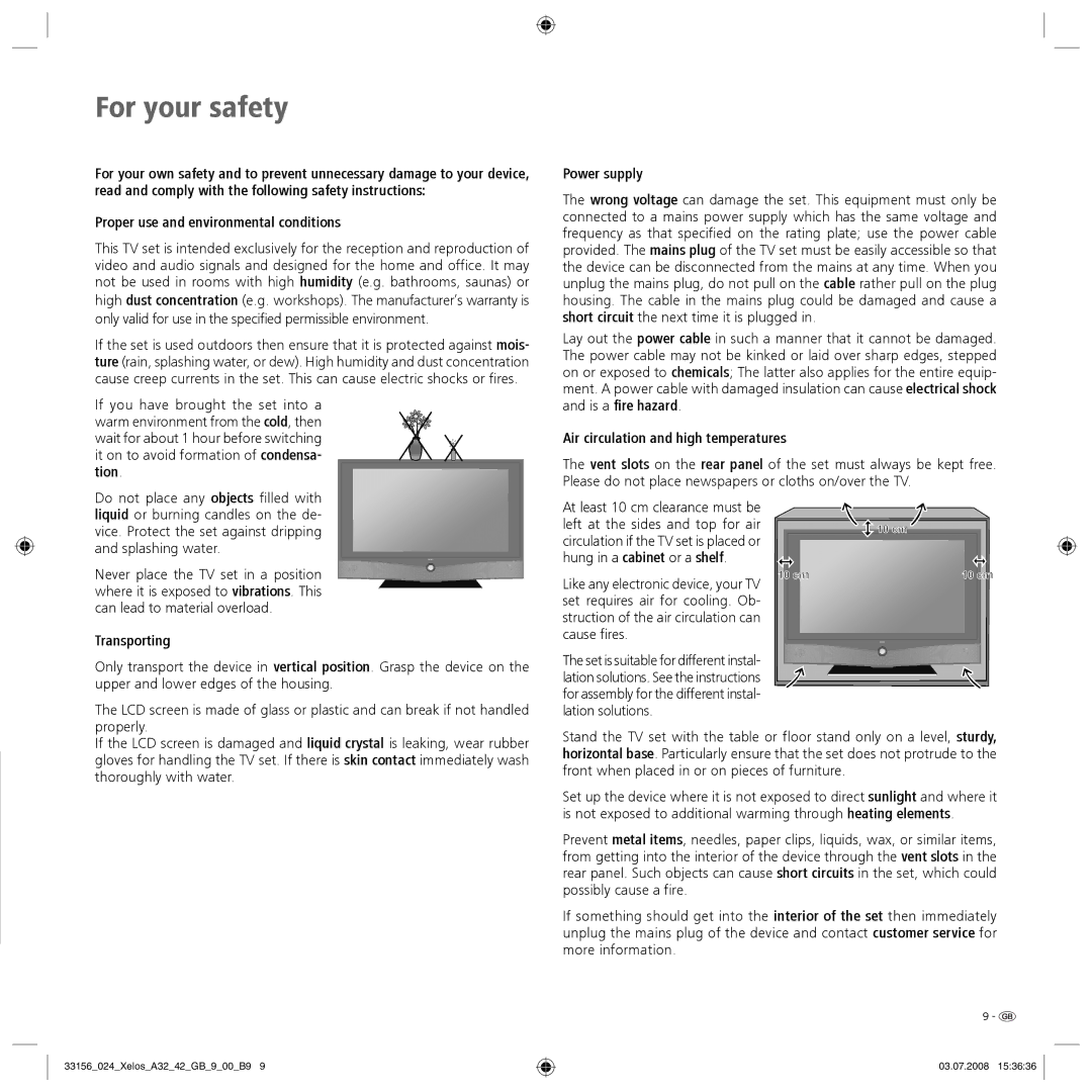 Loewe A 37 Full-HD+ 100, A 37 HD+ 100 For your safety, Proper use and environmental conditions, Power supply, Transporting 