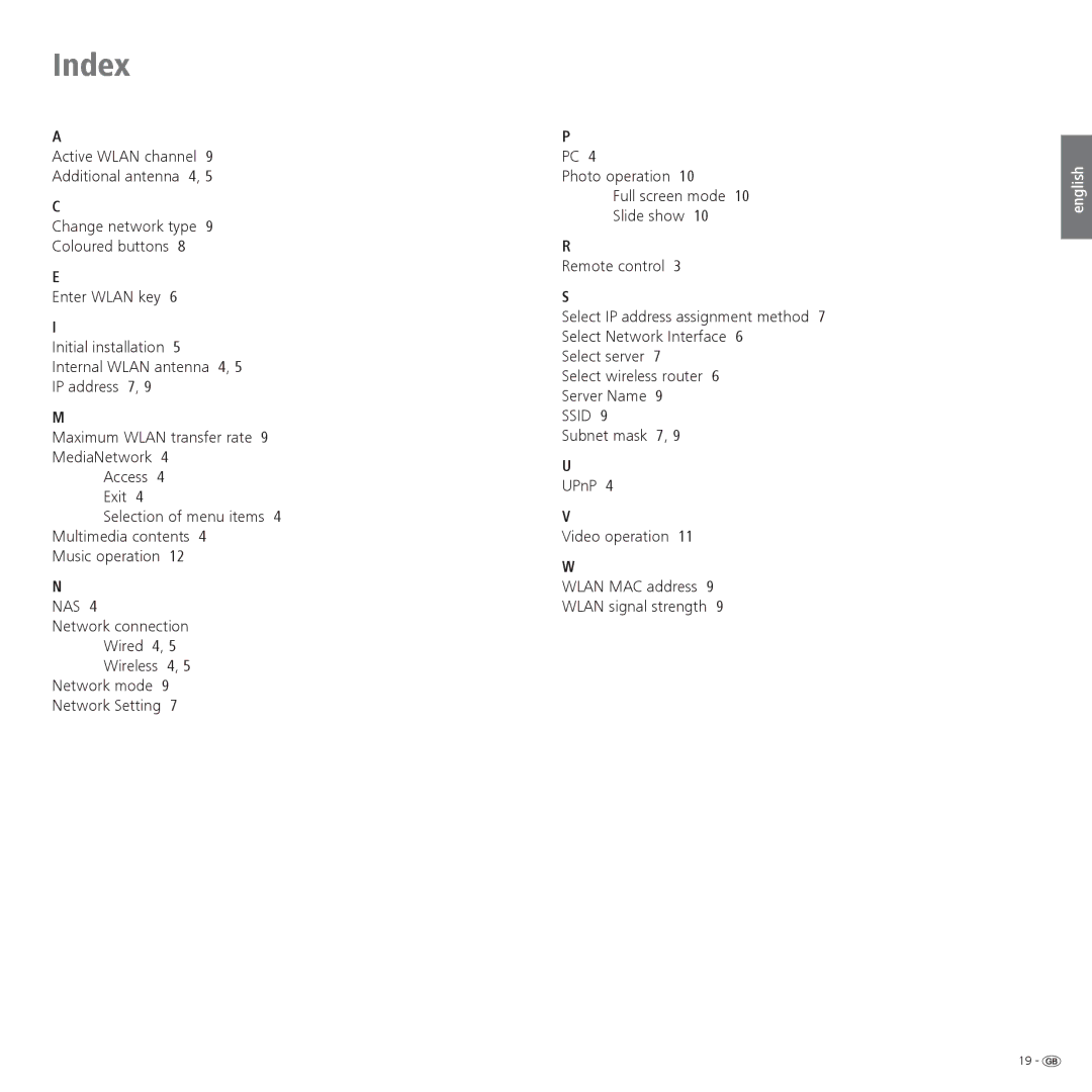 Loewe Accessories TV operating instructions Index, Nas 