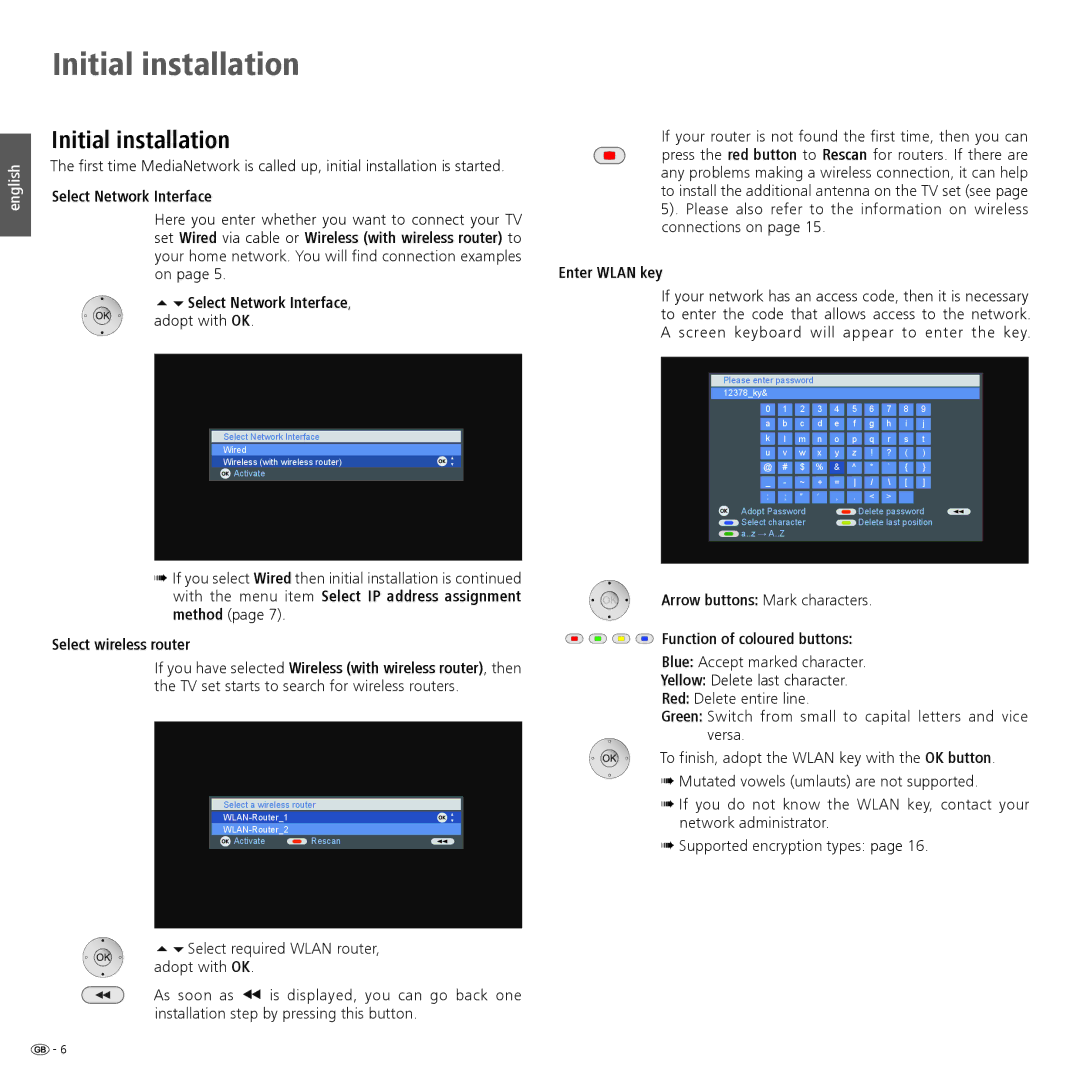 Loewe Accessories TV operating instructions Initial installation, Function of coloured buttons 