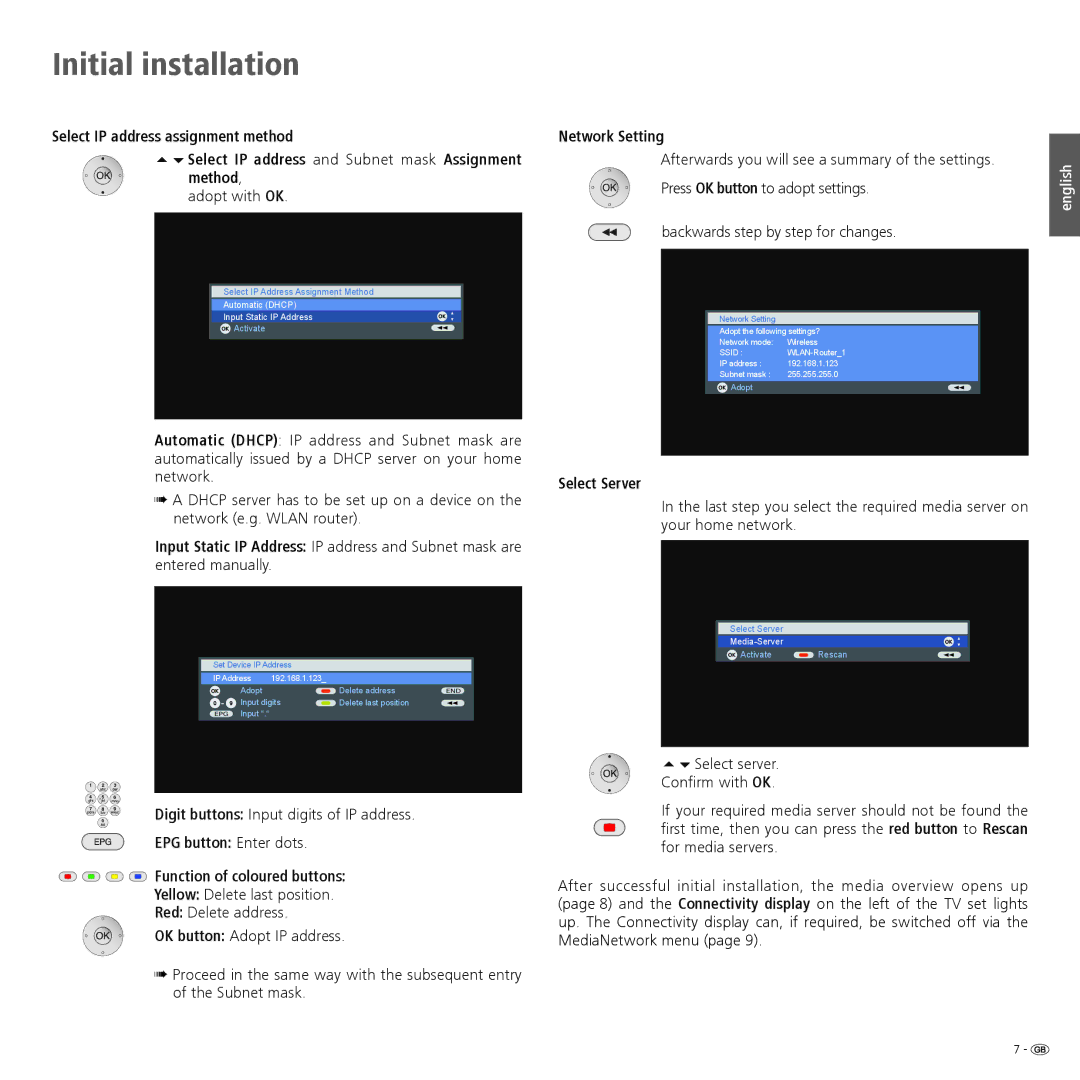 Loewe Accessories TV EPG button Enter dots Function of coloured buttons, Network Setting, Select Server 