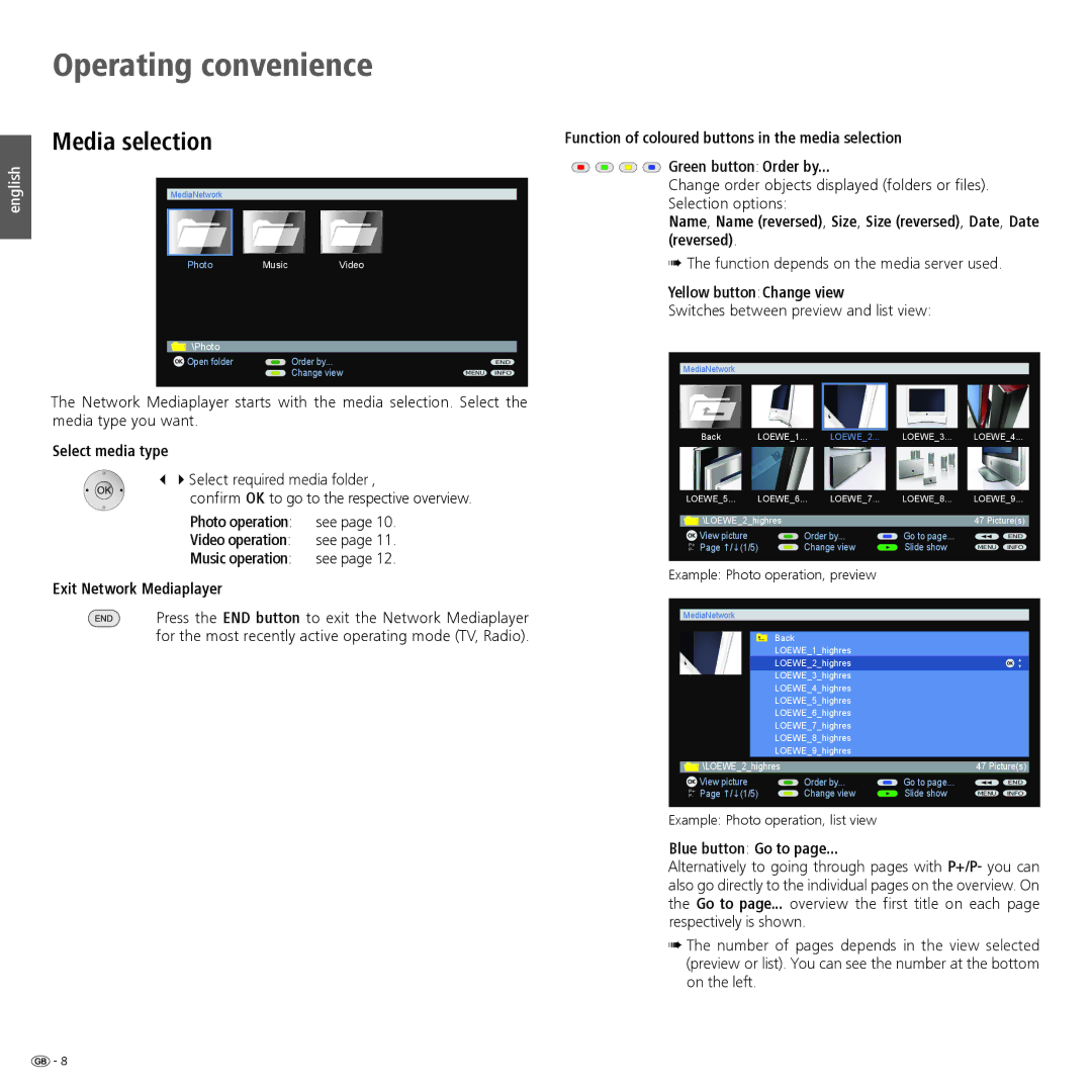 Loewe Accessories TV operating instructions Operating convenience, Media selection, Video operation, Green button Order by 