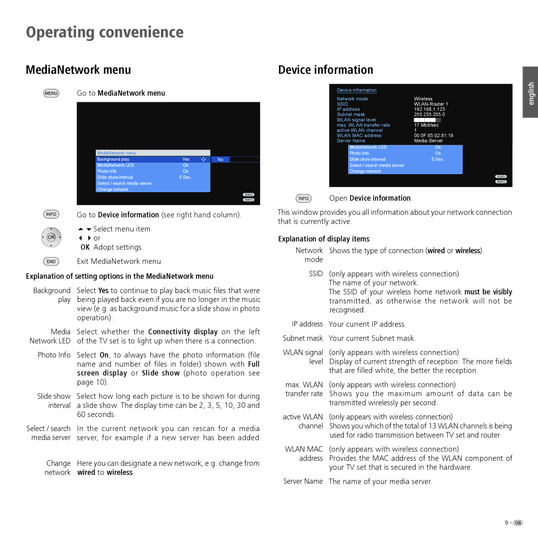 Loewe Accessories TV operating instructions MediaNetwork menu, Device information 