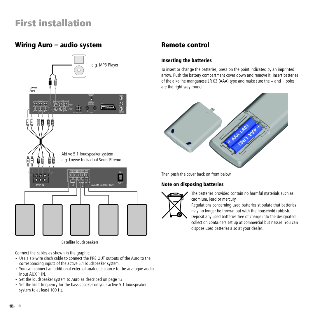 Loewe Auro 2216 PS manual Wiring Auro audio system, Remote control, Inserting the batteries, System to at least 100 Hz 