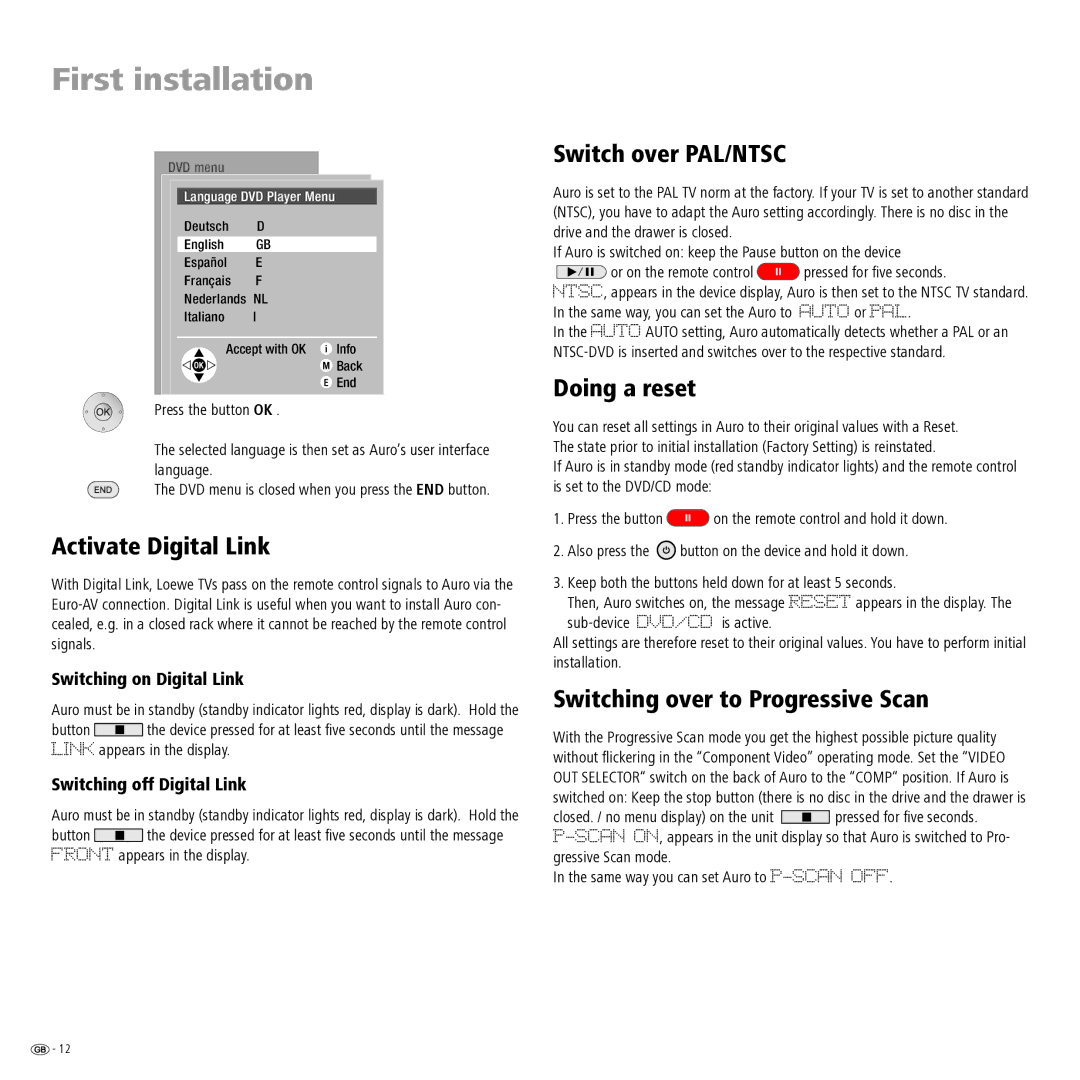 Loewe Auro 2216 PS manual Activate Digital Link, Switch over PAL/NTSC, Doing a reset, Switching over to Progressive Scan 