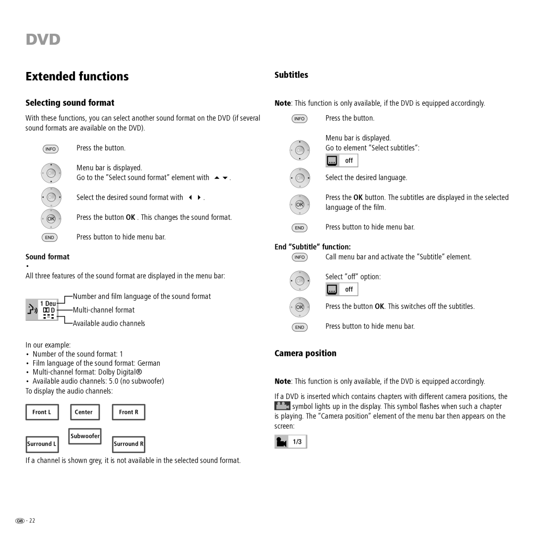 Loewe Auro 2216 PS manual Extended functions, Selecting sound format, Subtitles, Camera position 