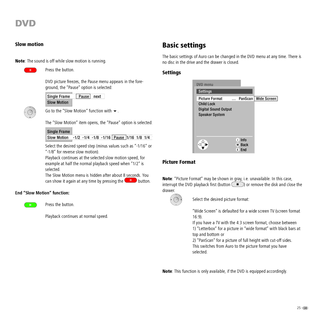 Loewe Auro 2216 PS manual Basic settings, Slow motion, Settings, Picture Format, End Slow Motion function 