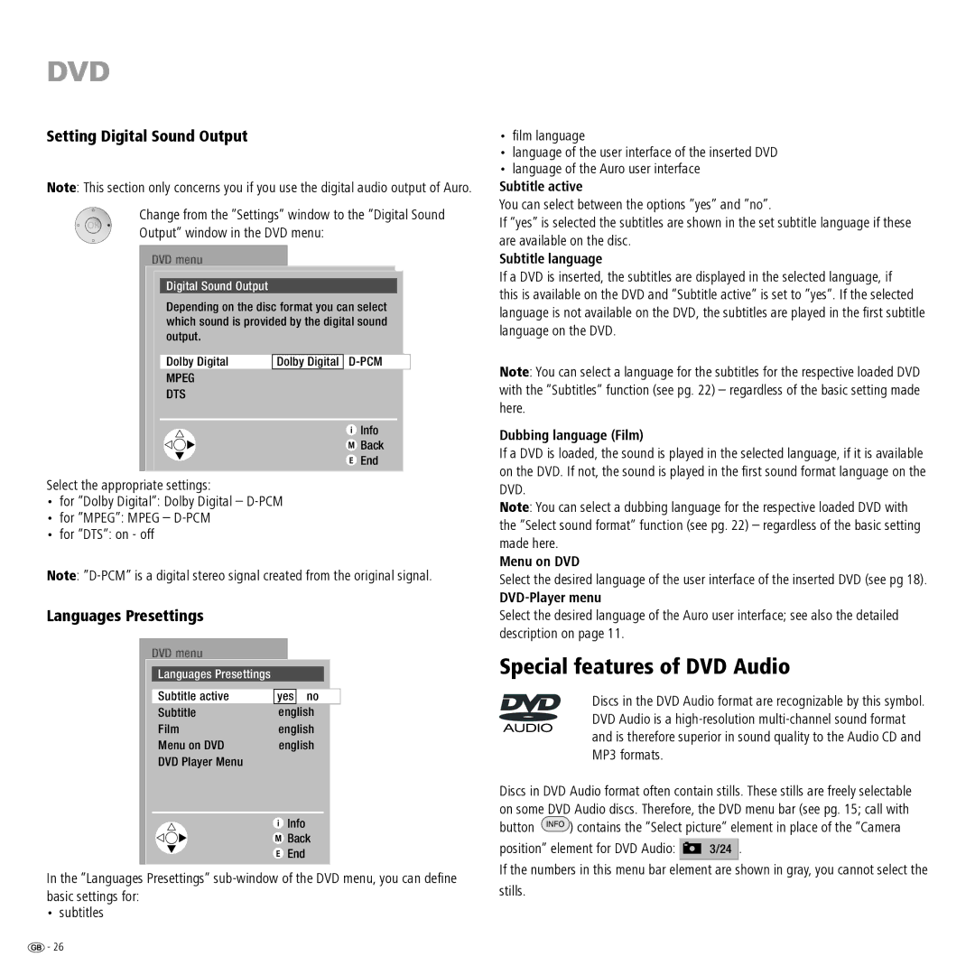 Loewe Auro 2216 PS manual Special features of DVD Audio, Setting Digital Sound Output, Languages Presettings 