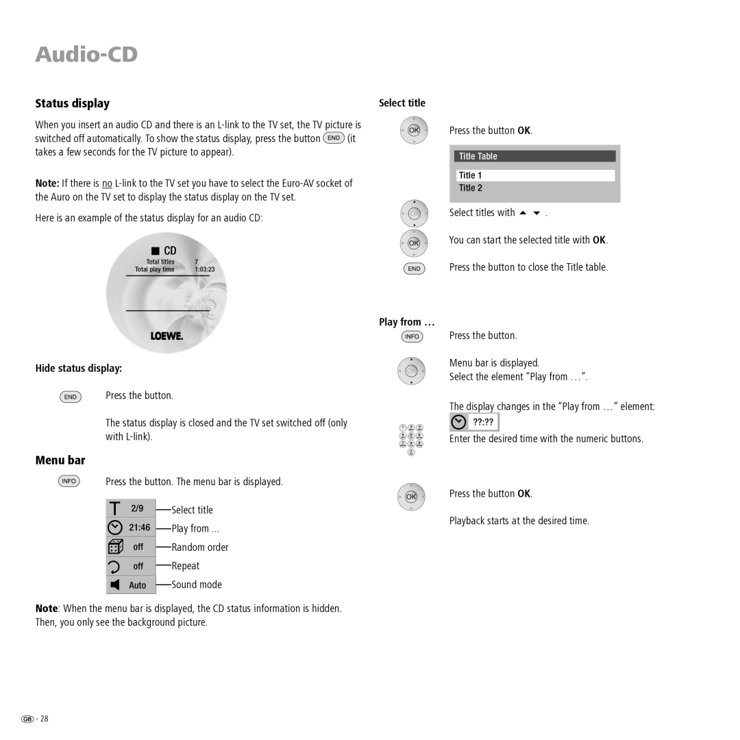 Loewe Auro 2216 PS manual Audio-CD, Play from … Hide status display 