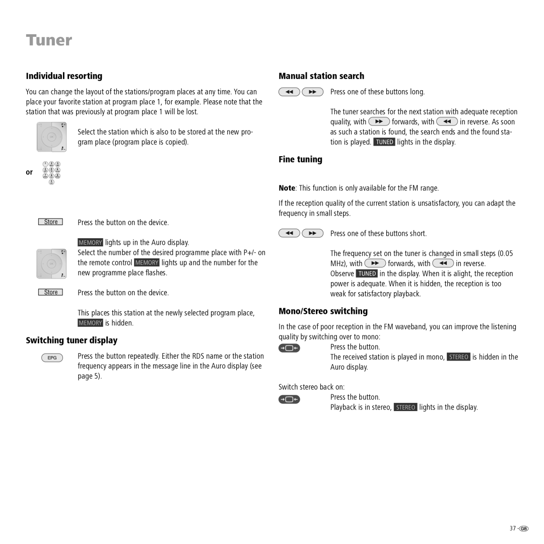 Loewe Auro 2216 PS manual Individual resorting, Manual station search, Switching tuner display, Fine tuning 