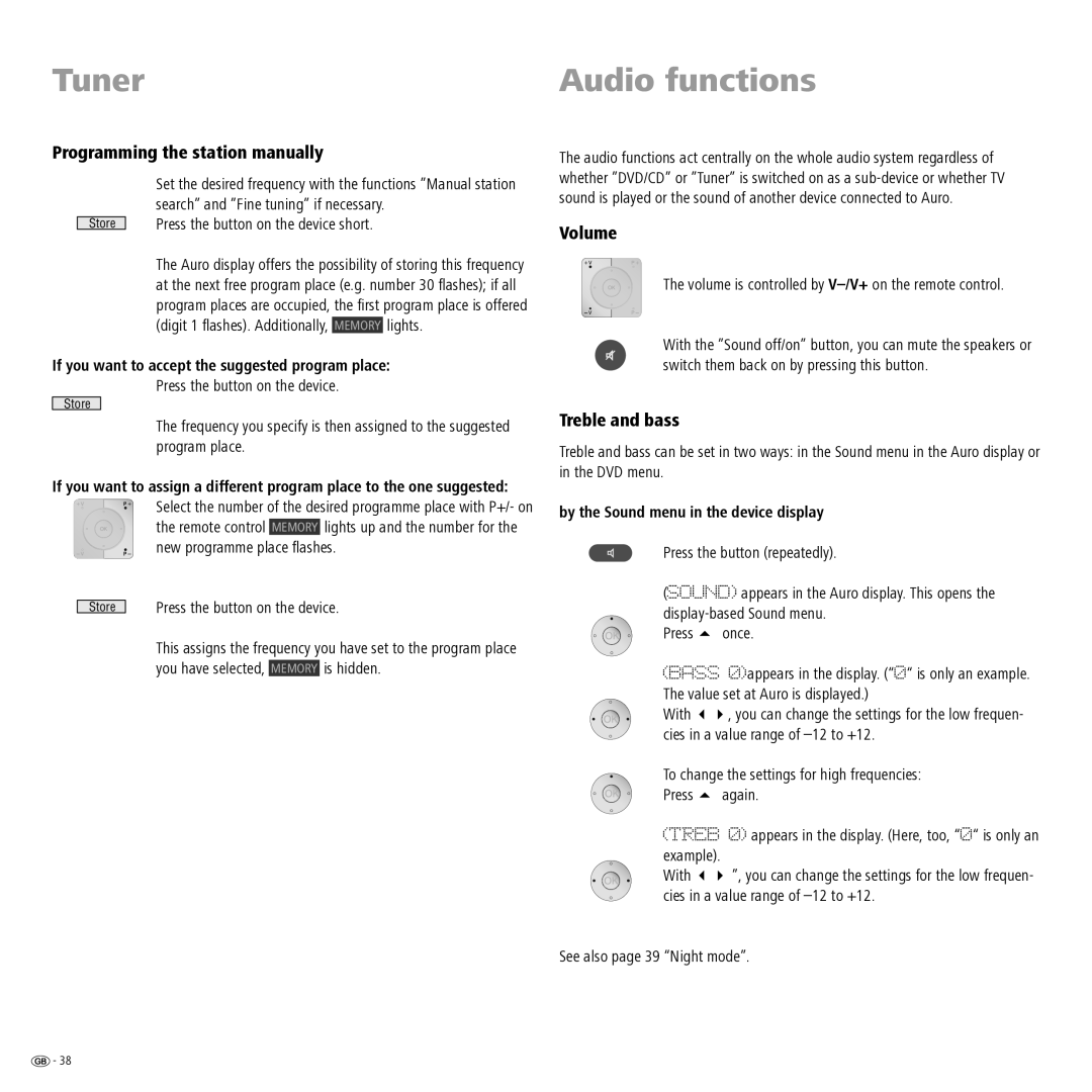 Loewe Auro 2216 PS Tuner Audio functions, Programming the station manually, Volume, Treble and bass 