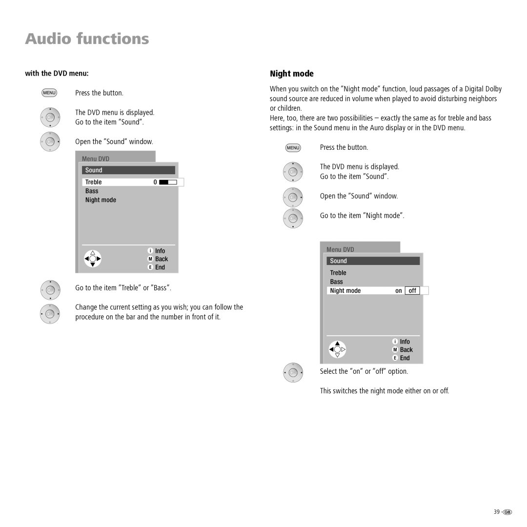 Loewe Auro 2216 PS manual Night mode, With the DVD menu, Go to the item Treble or Bass, Sound 