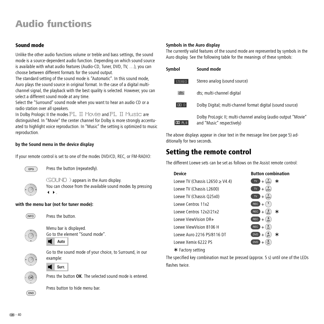 Loewe Auro 2216 PS manual Setting the remote control, Sound mode 