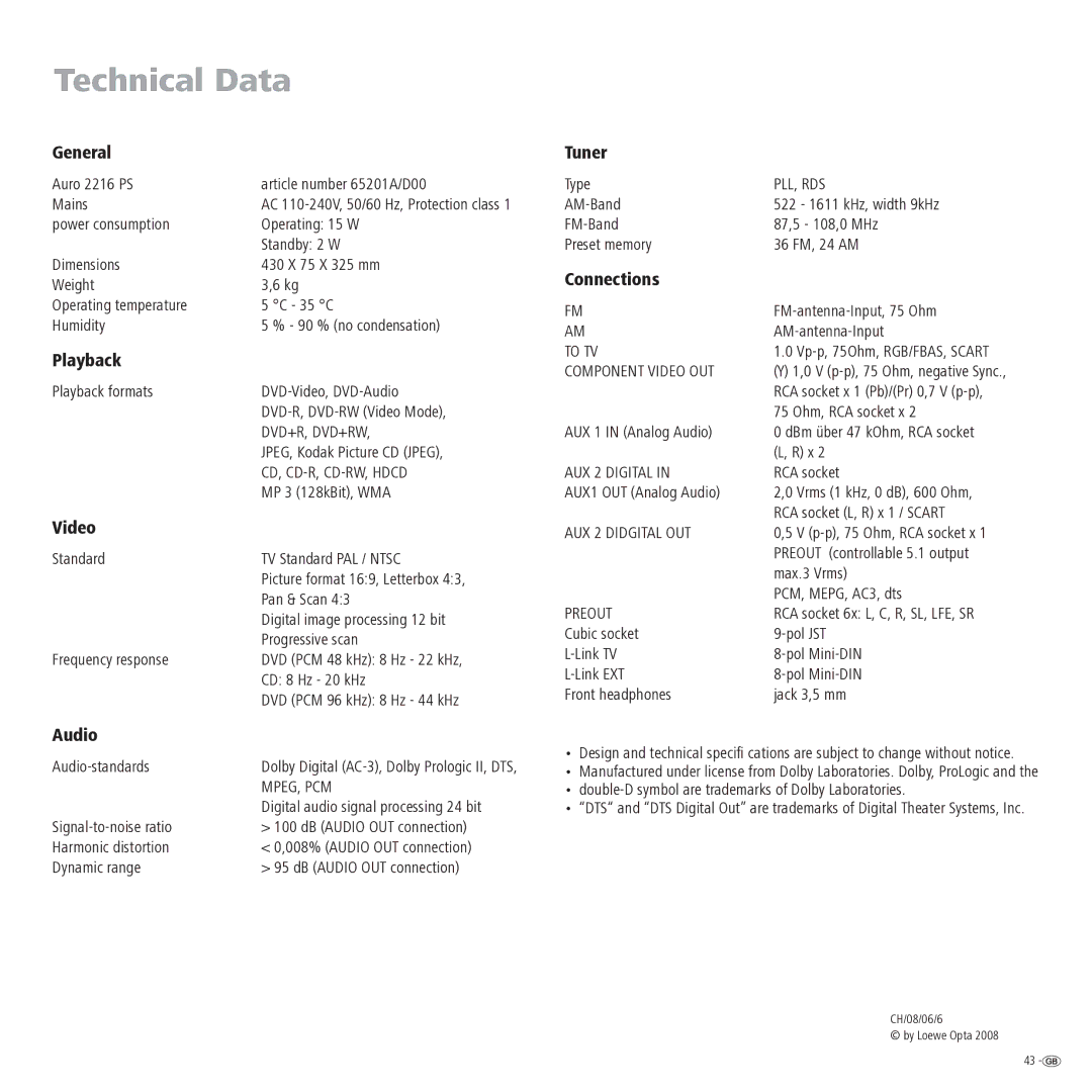 Loewe Auro 2216 PS manual Technical Data 