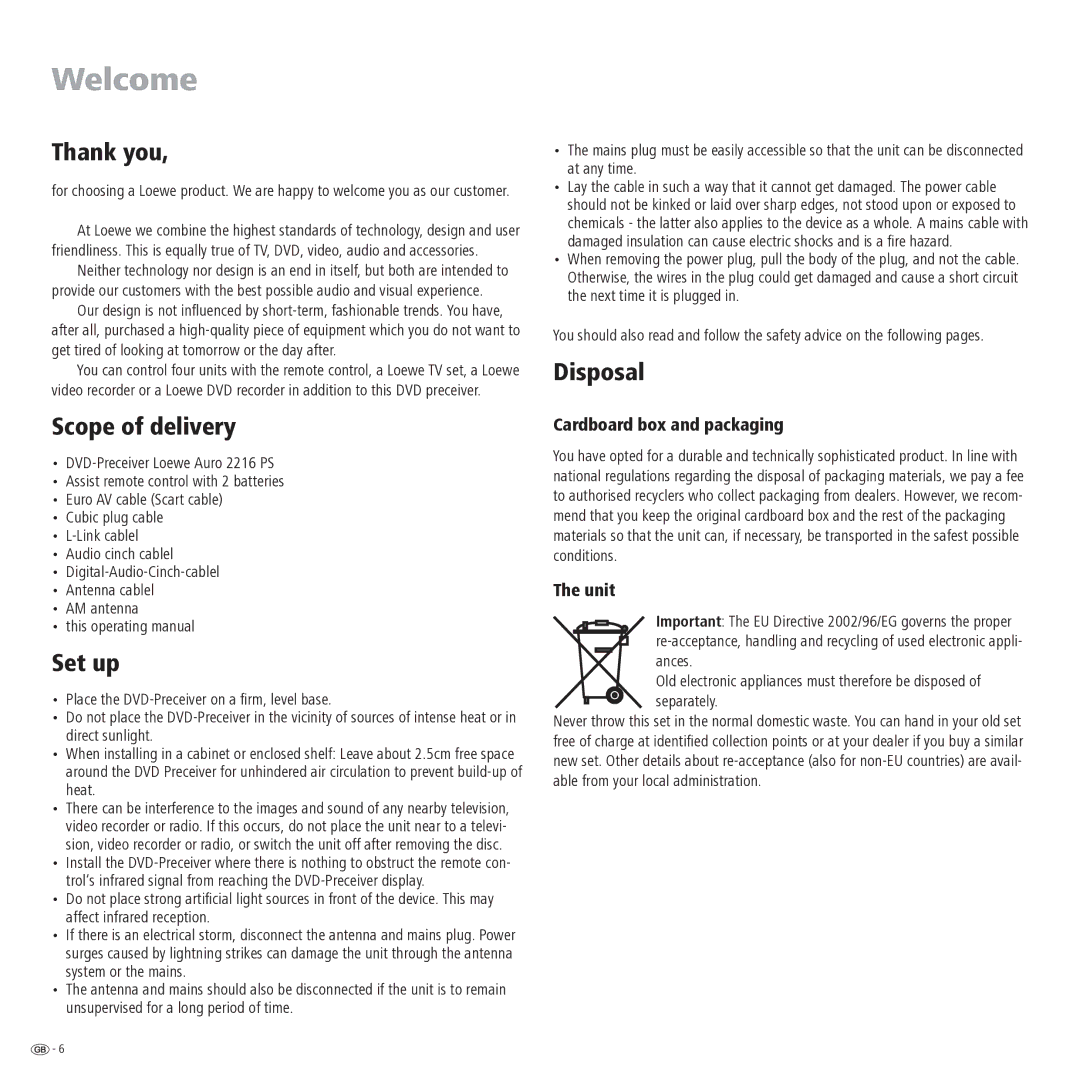 Loewe Auro 2216 PS manual Welcome, Thank you, Scope of delivery, Set up, Disposal 