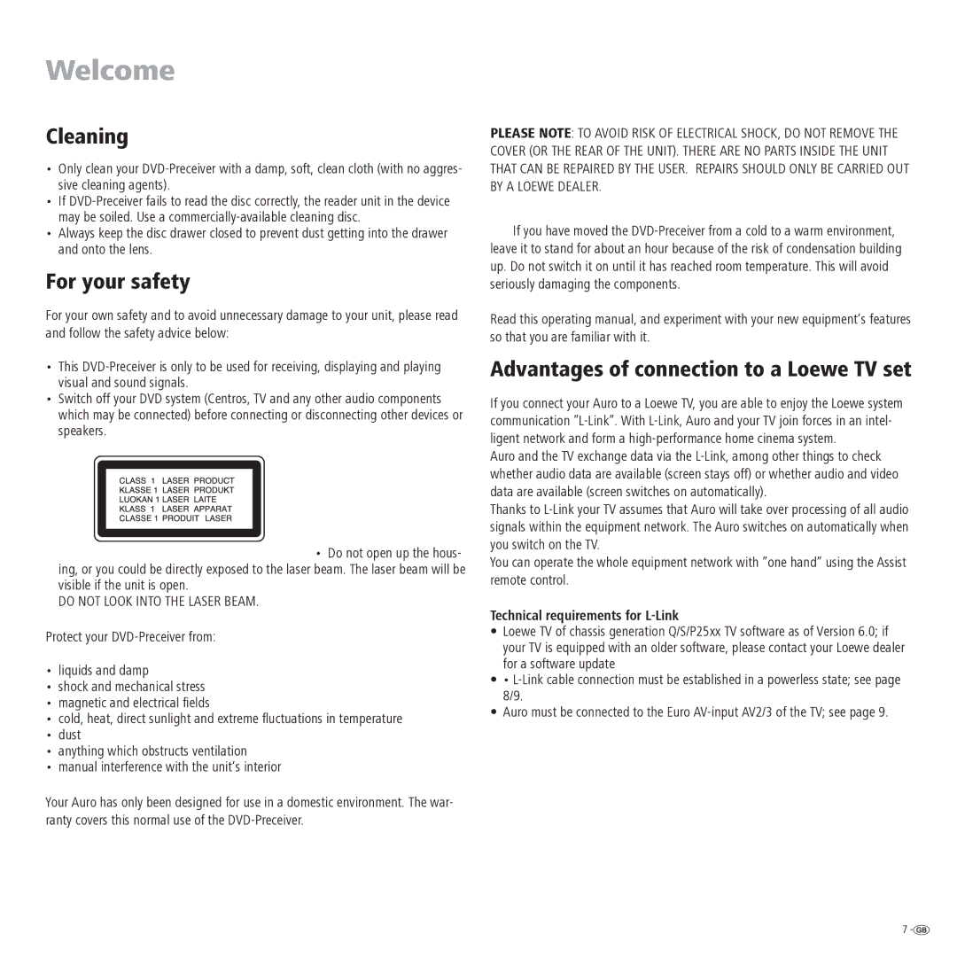 Loewe Auro 2216 PS manual Cleaning, For your safety, Technical requirements for L-Link 