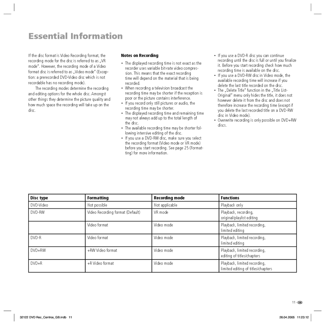 Loewe Centros 1172 Overwrite recording is only possible on DVD+RW discs, Disc type Formatting Recording mode Functions 