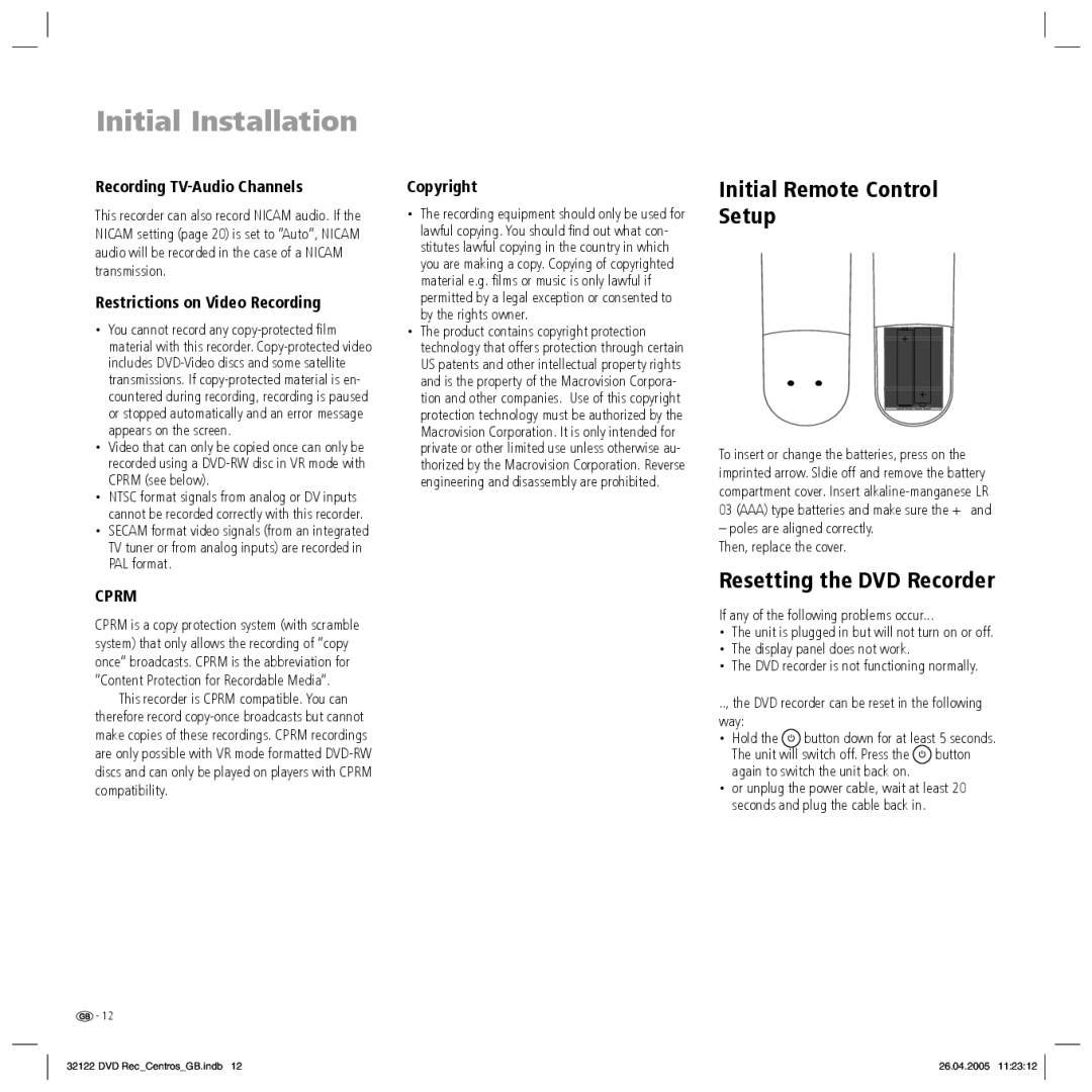Loewe Centros 1202, Centros 1172 manual Initial Installation, Initial Remote Control Setup, Resetting the DVD Recorder 