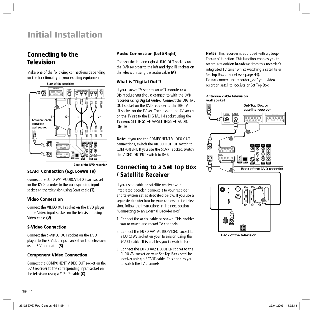 Loewe Centros 1202, Centros 1172 manual Connecting to Television, Connecting to a Set Top Box / Satellite Receiver 