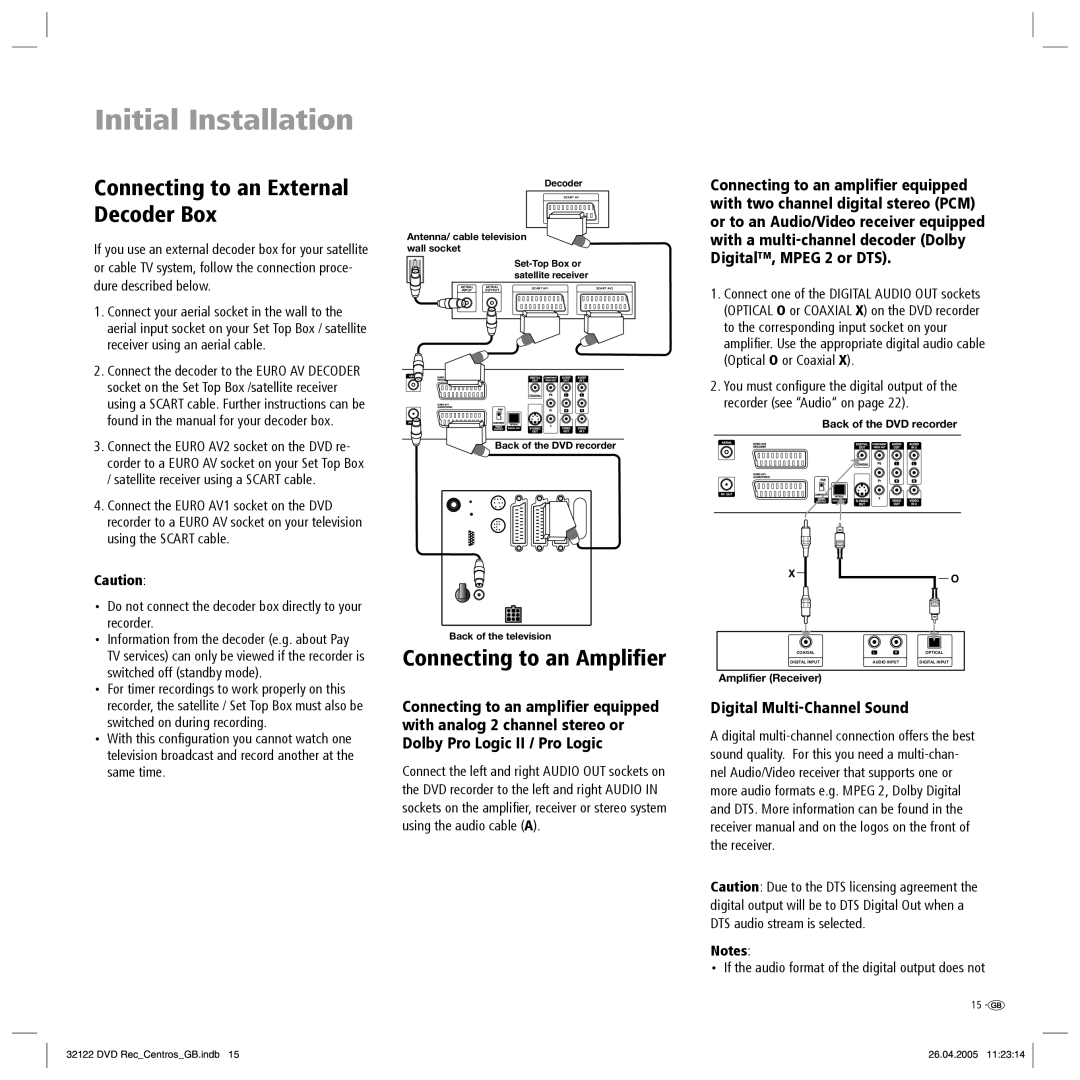 Loewe Centros 1172 manual Connecting to an External Decoder Box, Connecting to an Ampliﬁer, Digital Multi-Channel Sound 