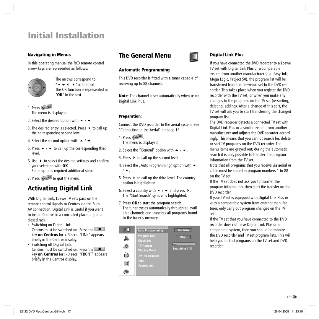Loewe Centros 1172 Activating Digital Link, General Menu, Navigating in Menus, Automatic Programming, Digital Link Plus 