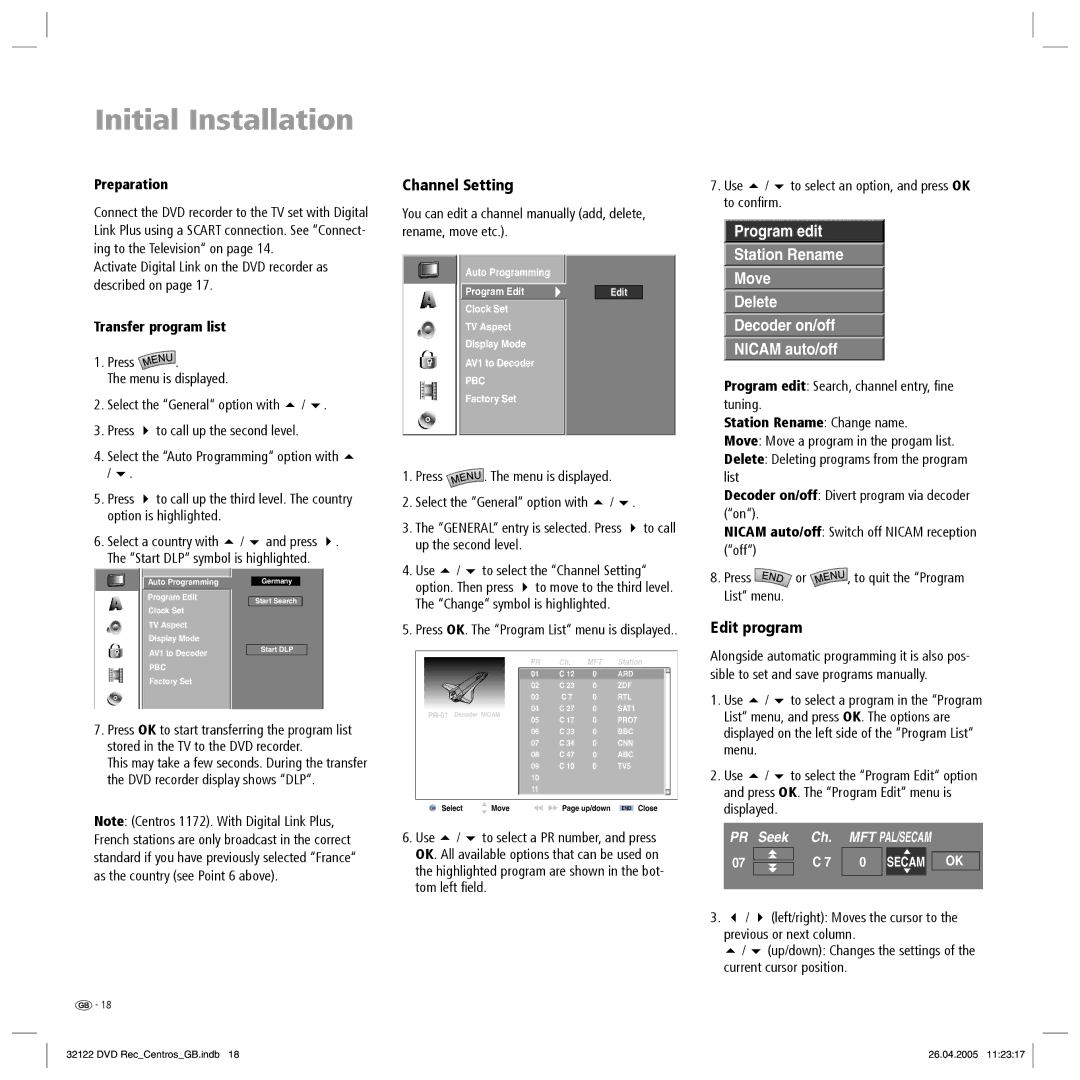 Loewe Centros 1202, Centros 1172 manual Channel Setting, Edit program, Transfer program list, Station Rename Change name 