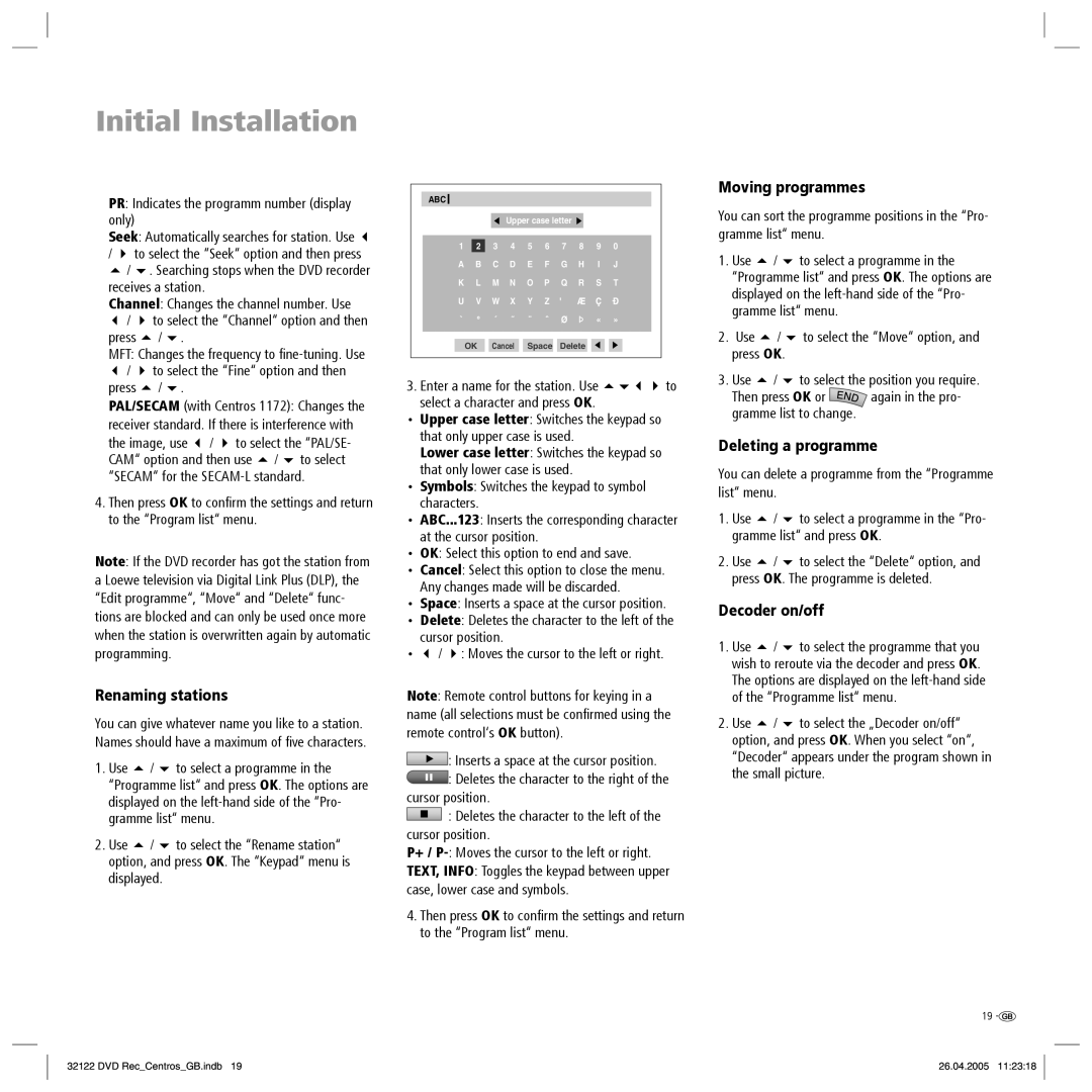 Loewe Centros 1172, Centros 1202 manual Renaming stations, Moving programmes, Deleting a programme, Decoder on/off 