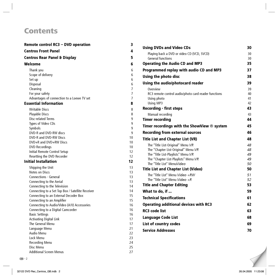 Loewe Centros 1202, Centros 1172 manual Contents 