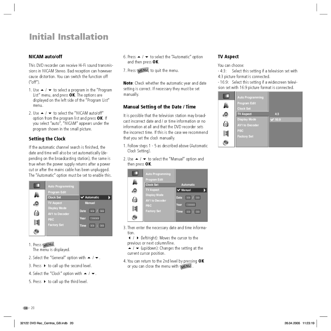 Loewe Centros 1202, Centros 1172 manual Nicam auto/off, Setting the Clock, Manual Setting of the Date / Time, TV Aspect 