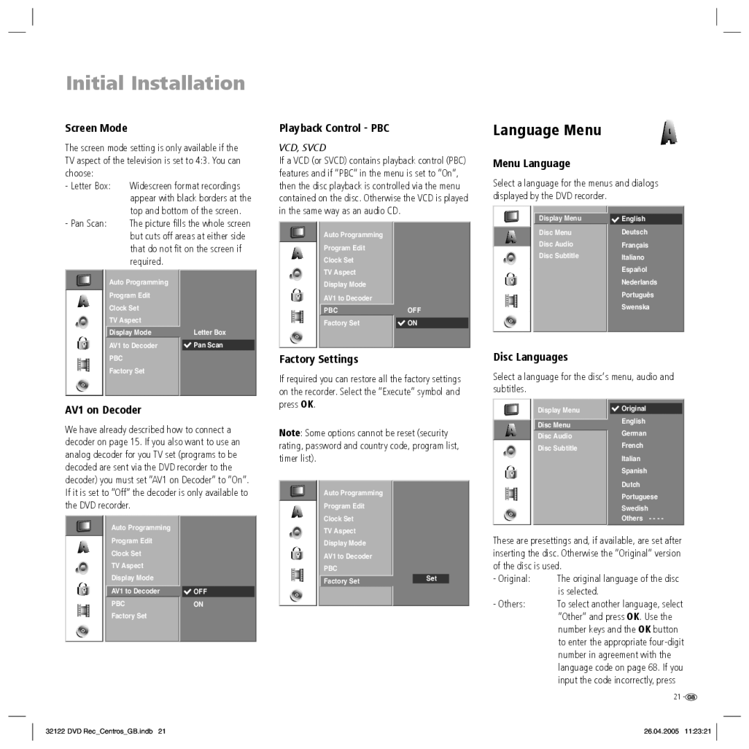 Loewe Centros 1172, Centros 1202 manual Language Menu 