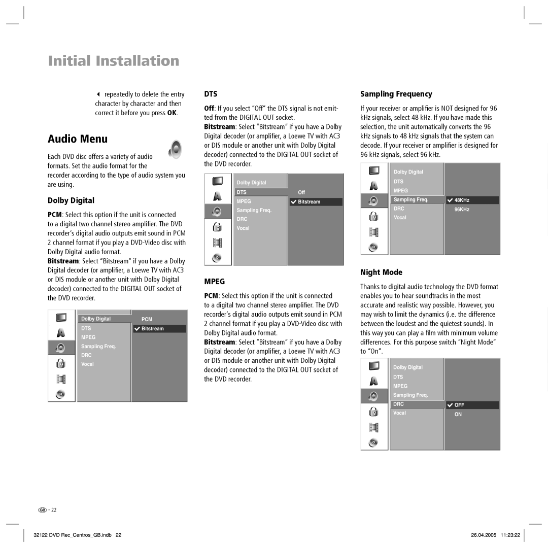 Loewe Centros 1202, Centros 1172 manual Audio Menu, Dolby Digital, Sampling Frequency, Night Mode 