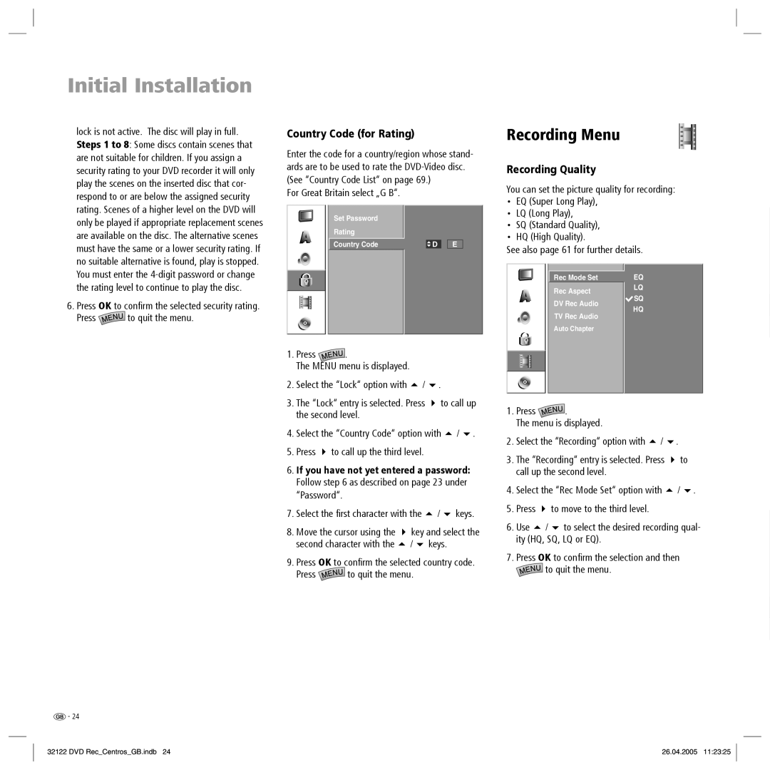 Loewe Centros 1202, Centros 1172 manual Recording Menu, Country Code for Rating, Recording Quality 