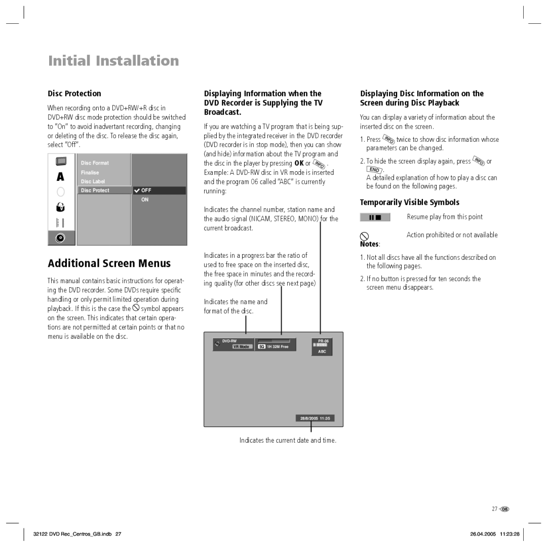 Loewe Centros 1172, Centros 1202 manual Additional Screen Menus, Disc Protection, Temporarily Visible Symbols 