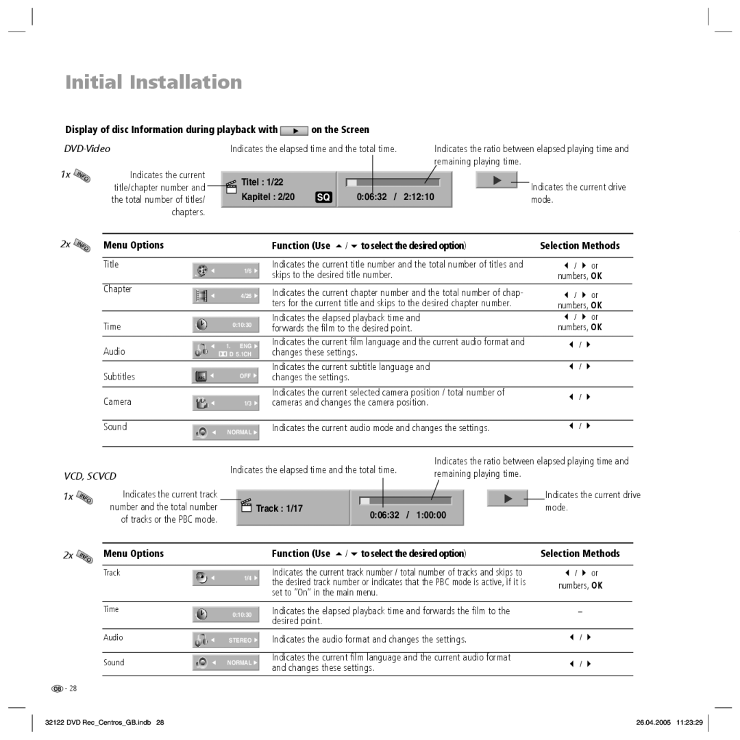 Loewe Centros 1202 manual DVD-Video, Indicates the current, Mode Chapters, Title, Set to On in the main menu, Desired point 