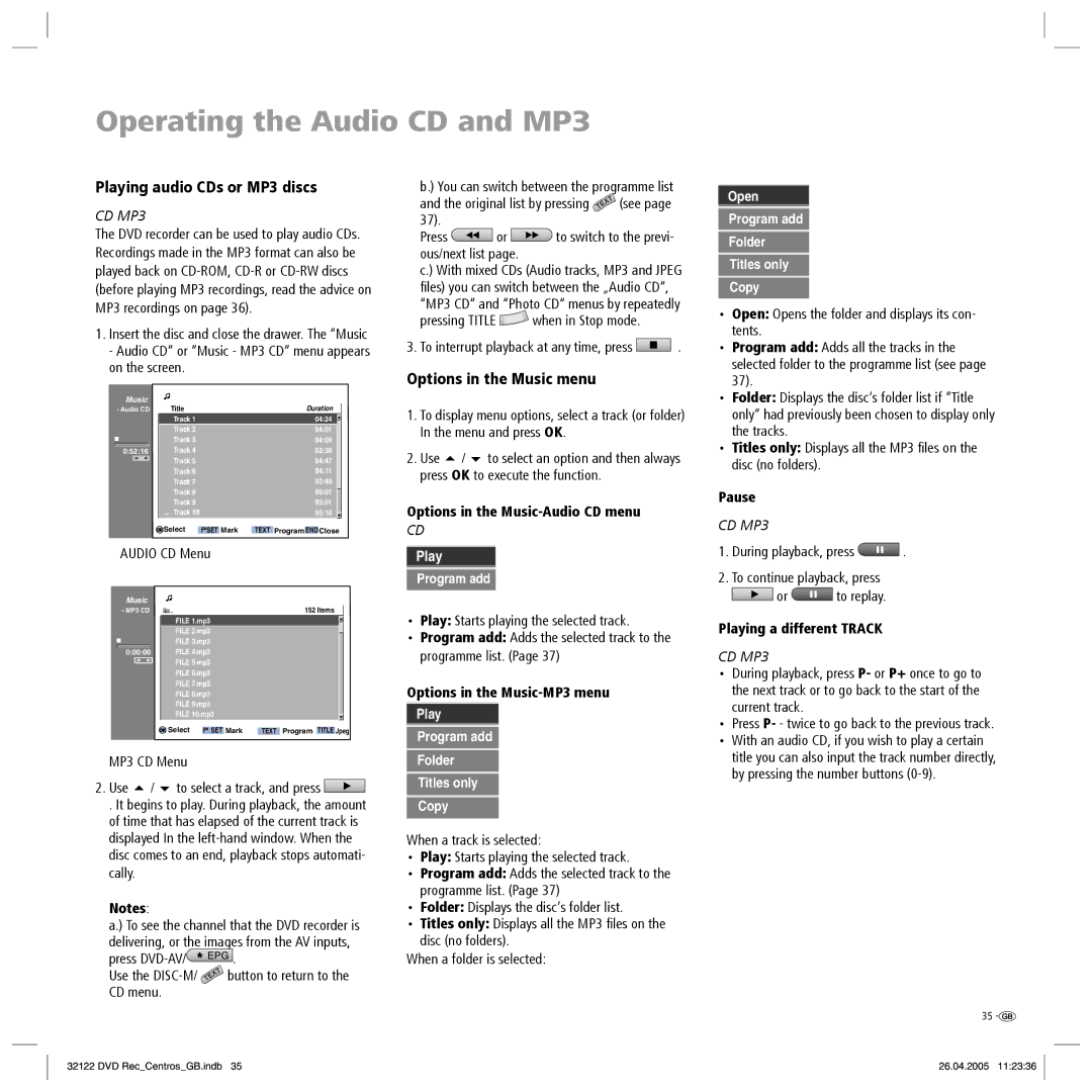 Loewe Centros 1172, Centros 1202 Operating the Audio CD and MP3, Playing audio CDs or MP3 discs, Options in the Music menu 