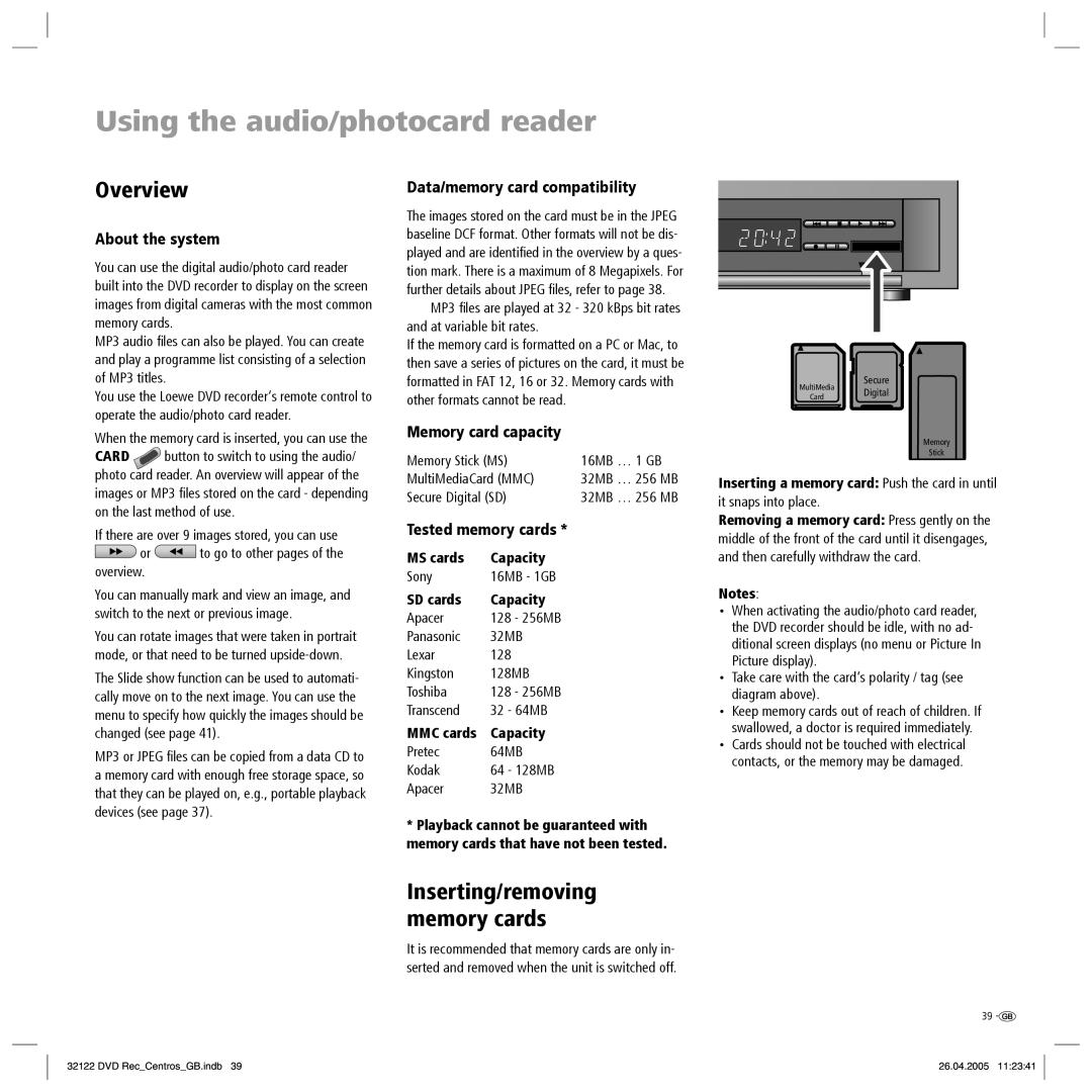 Loewe Centros 1172 manual Using the audio/photocard reader, Overview, Data/memory card compatibility, About the system 