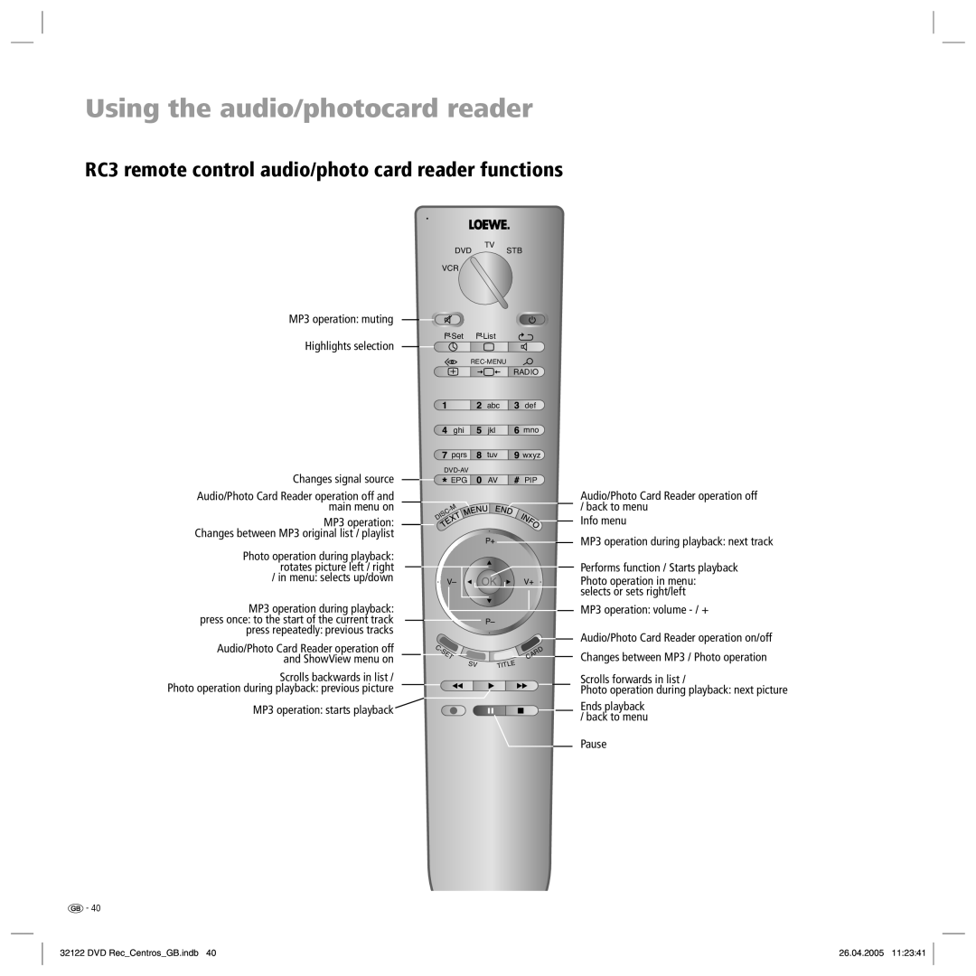 Loewe Centros 1202 manual RC3 remote control audio/photo card reader functions, MP3 operation muting Highlights selection 