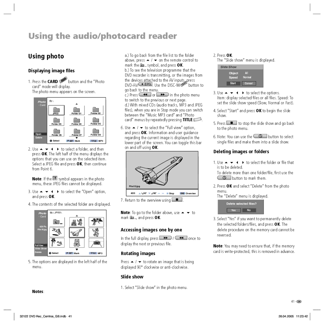 Loewe Centros 1172, Centros 1202 manual Using photo, Displaying image ﬁles, Deleting images or folders 