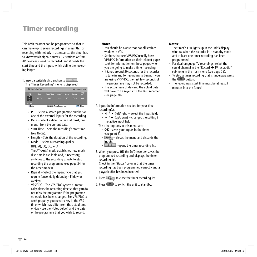 Loewe Centros 1202, Centros 1172 manual Timer recording, Start Time Sets the recording‘s start time see Notes 