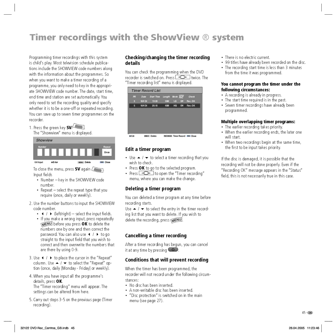 Loewe Centros 1172, Centros 1202 manual Timer recordings with the ShowView system 