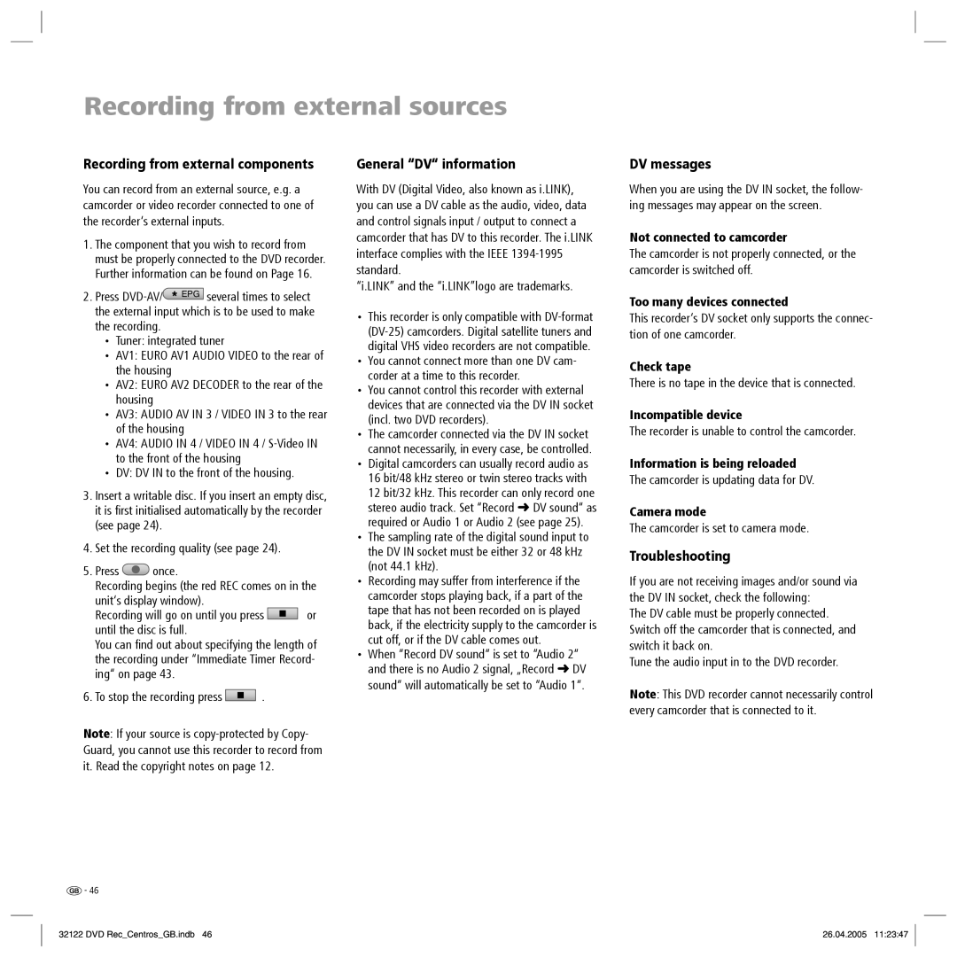 Loewe Centros 1202 manual Recording from external sources, Recording from external components, General DV information 