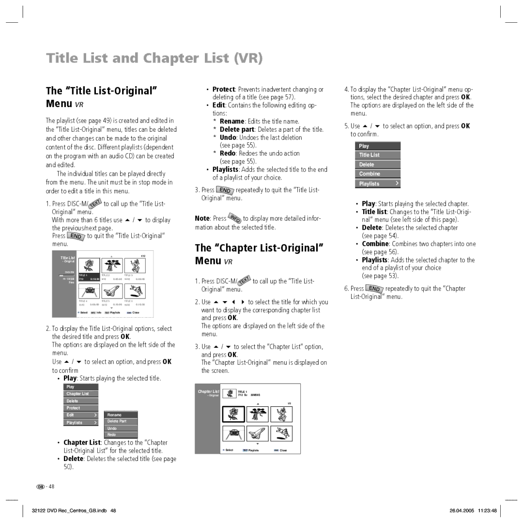 Loewe Centros 1202, Centros 1172 manual Title List and Chapter List VR, Menu VR 