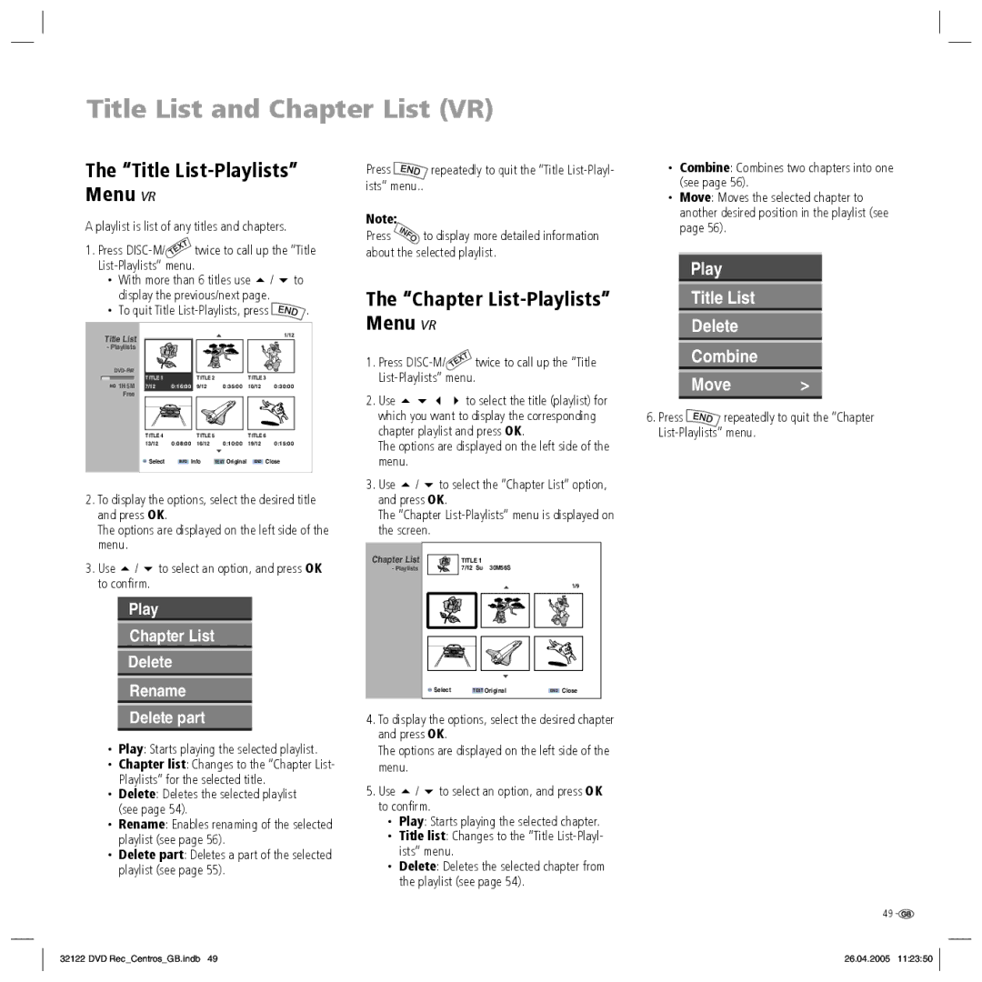 Loewe Centros 1172, Centros 1202 Chapter List-Playlists Menu, Press repeatedly to quit the Chapter List-Playlists menu 