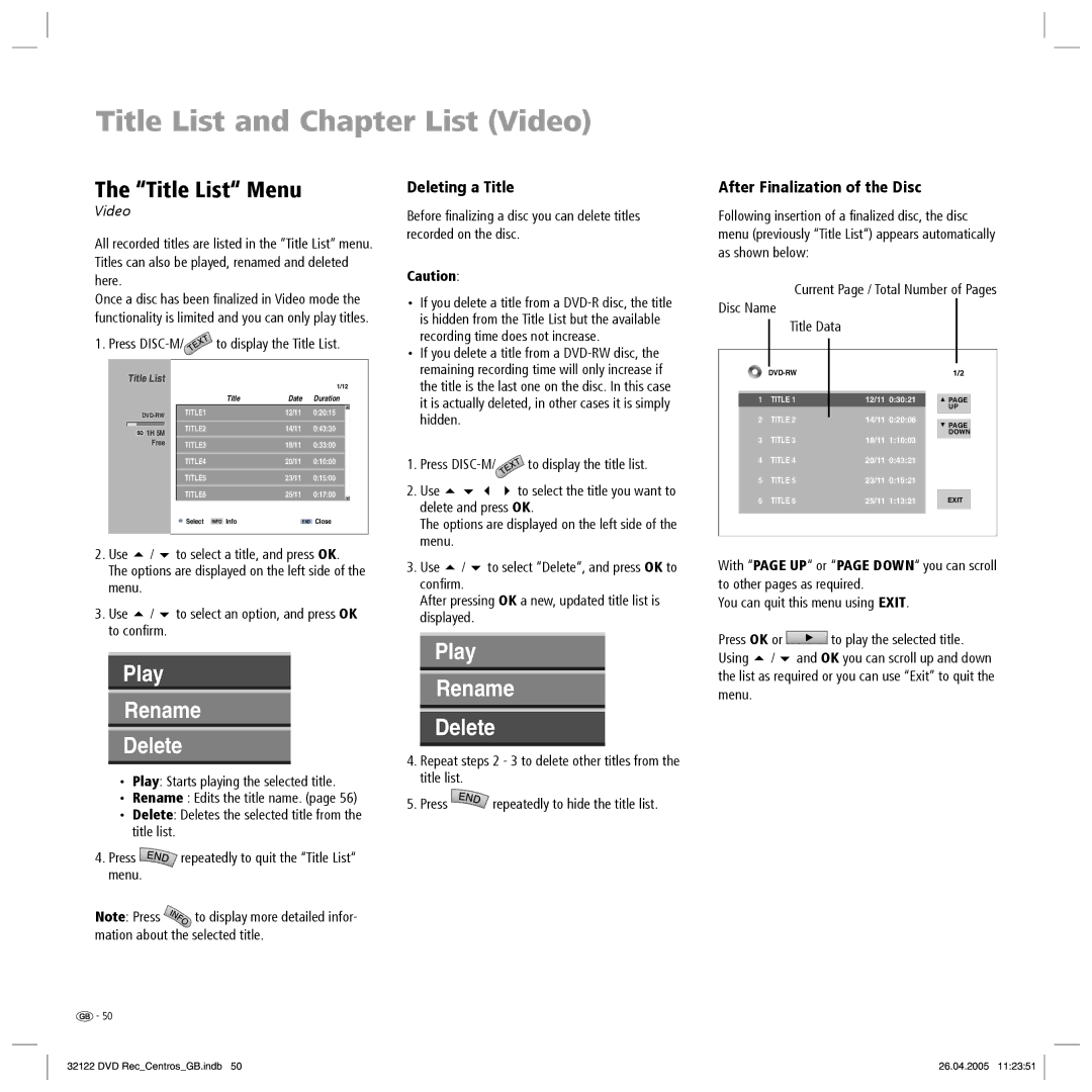 Loewe Centros 1202 Title List and Chapter List Video, Title List Menu, Deleting a Title, After Finalization of the Disc 