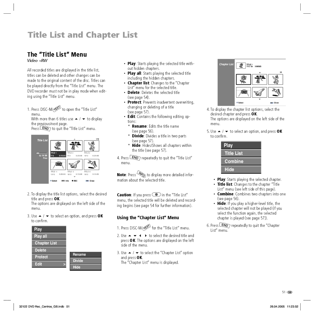 Loewe Centros 1172, Centros 1202 manual Title List and Chapter List, Using the Chapter List Menu, Video +RW 